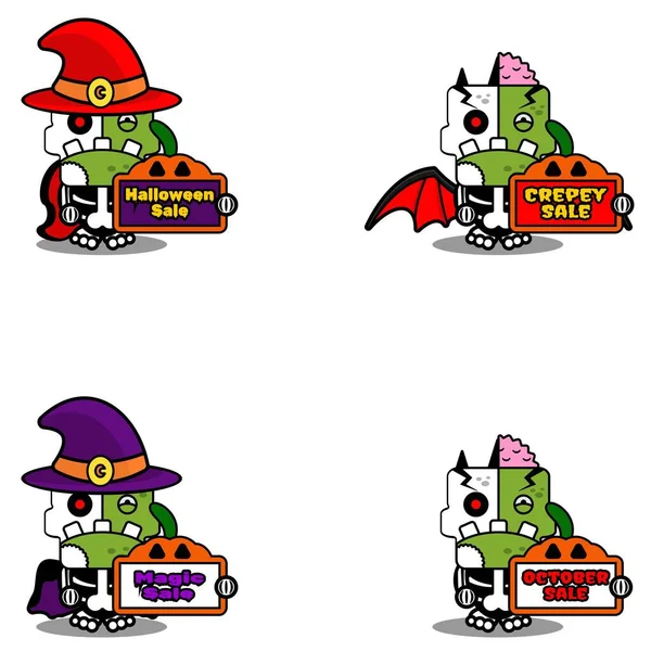 Cartoon Karakter Kostuum Vector Illustratiehalloween Verkoop Zombie Bot Mascotte Set — Stockvector