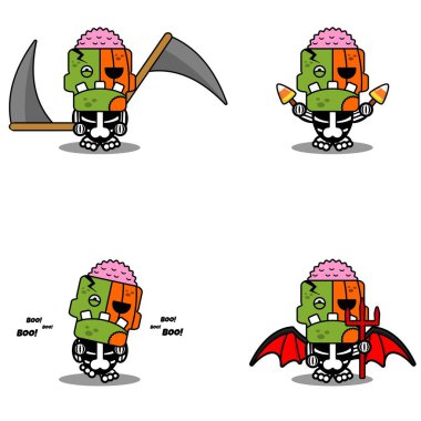 Çizgi film karakteri kostüm vektörü. Şirin balkabağı zombi maskotu. Cadılar bayramı demeti.