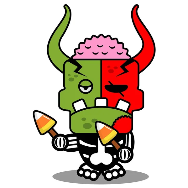 Zeichentrickfigur Kostümvektor Illustrationniedlich Zombie Dämon Maskottchen Hält Süßigkeiten — Stockvektor