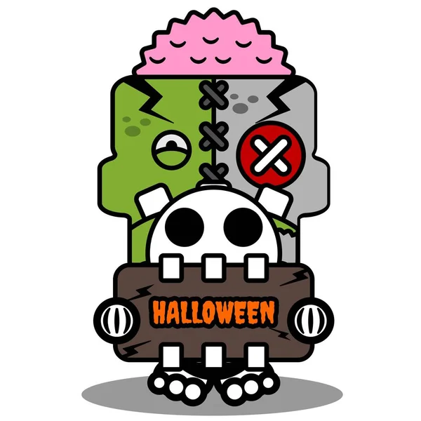 Zeichentrickfigur Kostümvektor Illustrationniedlich Zombie Puppe Maskottchen Hält Halloween Brett — Stockvektor