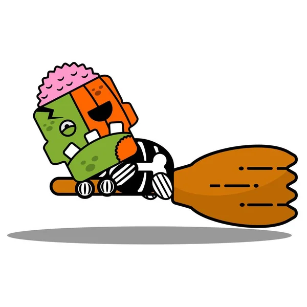 Personnage Dessin Animé Costume Vectoriel Illustrationcitrouille Zombie Mascotte Chevauchant Balai — Image vectorielle