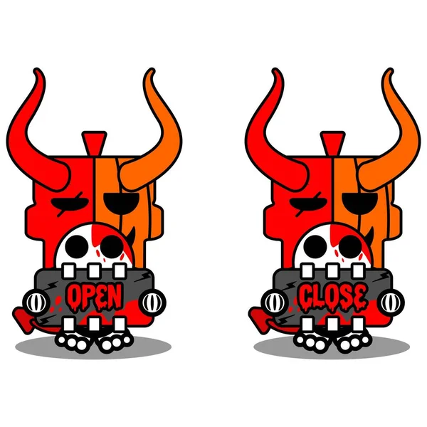 Vector Cartoon Cute Mascot Skull Pumpkin Devil Red Character Holding — Stockvektor