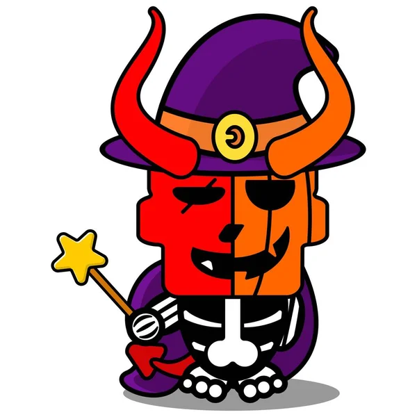 Cartoon Vector Cute Mascot Skull Pumpkin Red Devil Witch Costume — стоковый вектор