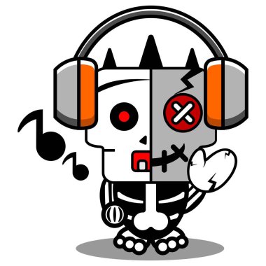vektör karikatür şirin maskot kafatası karakter voodoo bebeği müzik dinliyor