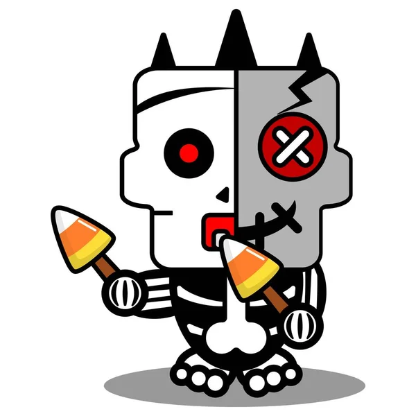 Vector Cartoon Cute Mascot Skull Character Voodoo Doll Holding Candy — Διανυσματικό Αρχείο