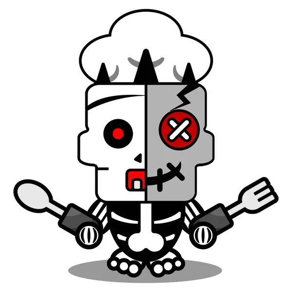 Vector Cartoon Cute Mascot Skull Character Voodoo Doll Chef Spoon — Vetor de Stock