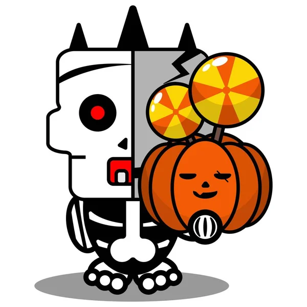 Vector Cartoon Cute Mascot Skull Character Voodoo Doll Holding Pumpkin — Vector de stock