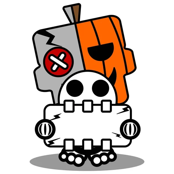 Vector Cartoon Cute Mascot Skull Character Voodoo Doll Pumpkin Holding — Vetor de Stock