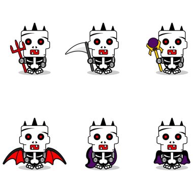 vektör çizgi film şirin maskot cadılar bayramı kafatası karakter sonbahar cadı demeti