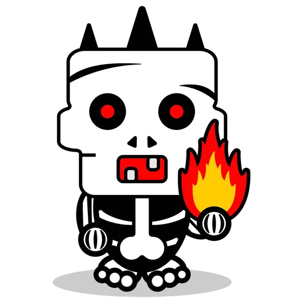 Vector Cartoon Cute Halloween Skull Autumn Mascot Character Holding Fire — 스톡 벡터