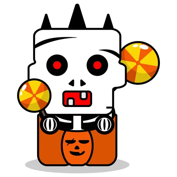 Kartun Lucu Halloween Tengkorak Maskot Karakter Musim Gugur Labu Kotak - Stok Vektor