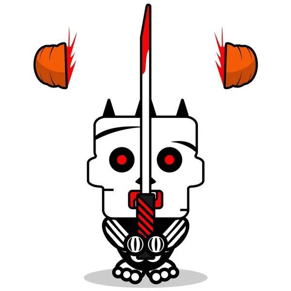 Vector Cartoon Cute Mascot Halloween Skull Character Autumn Sword Cutting — Vettoriale Stock