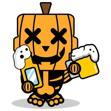 vektör karikatür balkabağı maskotu karakter cadılar bayramı şirin kafatası bira içiyor