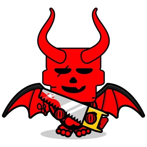 Cute Skull Red Devil Mascot Character Cartoon Vector Holding Saw — Stockvektor