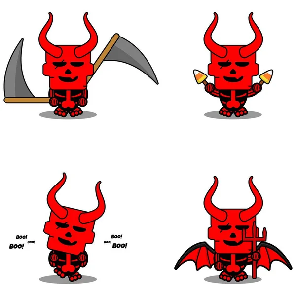 Vector Cartoon Mascot Character Red Devil Skull Cute Halloween Set — Stockvektor