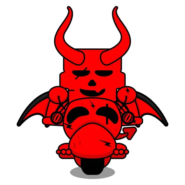 Cute Skull Red Devil Mascot Character Cartoon Vector Riding Motorbike — Stockvektor