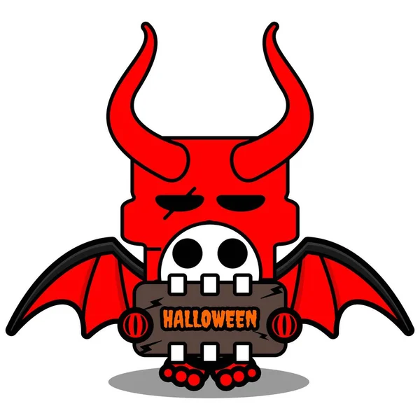 Cute Skull Red Devil Mascot Character Cartoon Vector Holding Halloween — Vector de stoc