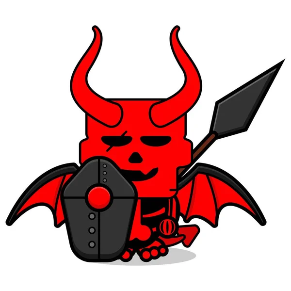 Cartoon Vector Cute Skull Red Devil Mascot Character Holding Spear — Διανυσματικό Αρχείο