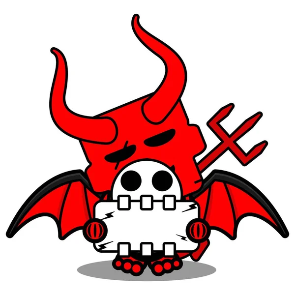 Vector Cartoon Cute Skull Red Devil Mascot Character Holding Bone — Stock vektor