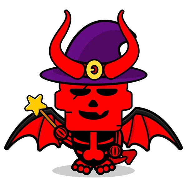 Vector Cartoon Red Devil Mascot Character Cute Skull Witch — Stockový vektor
