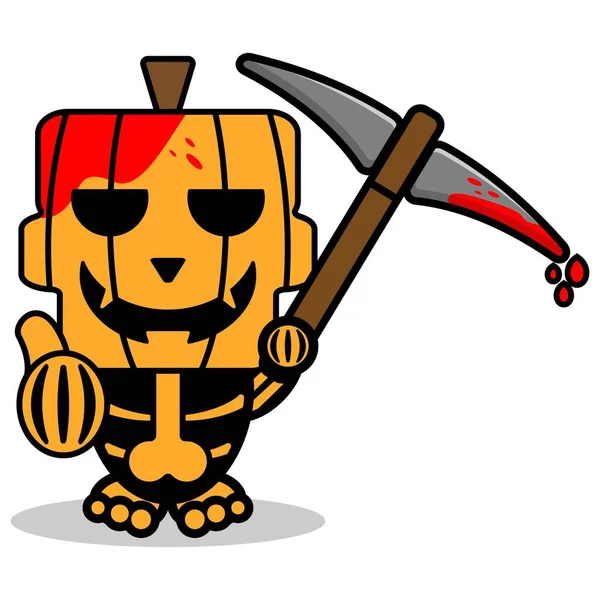 Vector Cartoon Pumpkin Mascot Character Halloween Cute Skull Holding Pickaxe — Stock Vector