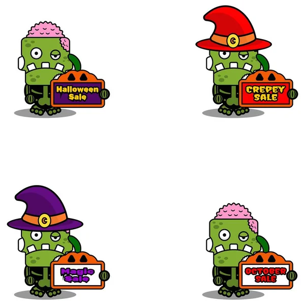 Cartoon Vector Mascot Halloween Zombie Skull Green Cute Character Set — Διανυσματικό Αρχείο