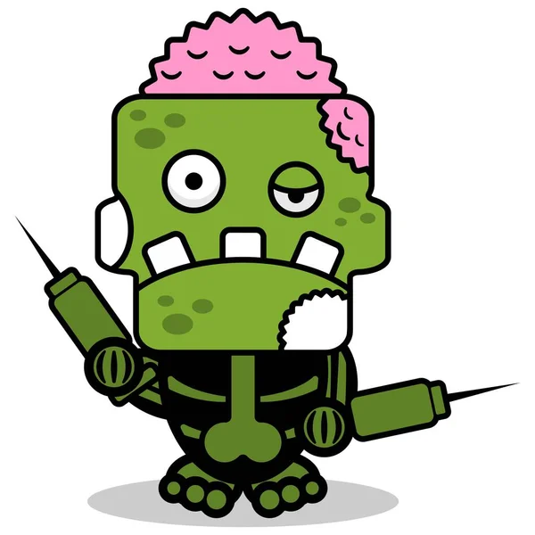 Vector Cartoon Character Halloween Mascot Zombie Green Cute Skull Holding — Stock vektor