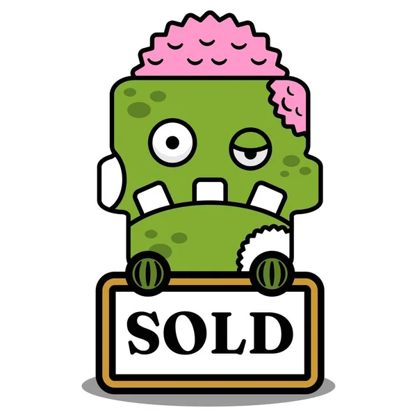 Vector Cartoon Mascot Character Halloween Zombie Cute Green Skull Board — Stock vektor