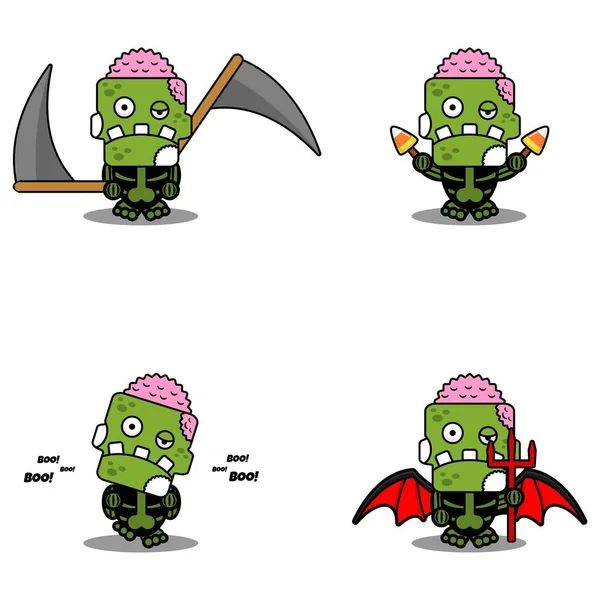 Vector Cartoon Mascot Character Halloween Zombie Green Cute Skull Set — Stock Vector