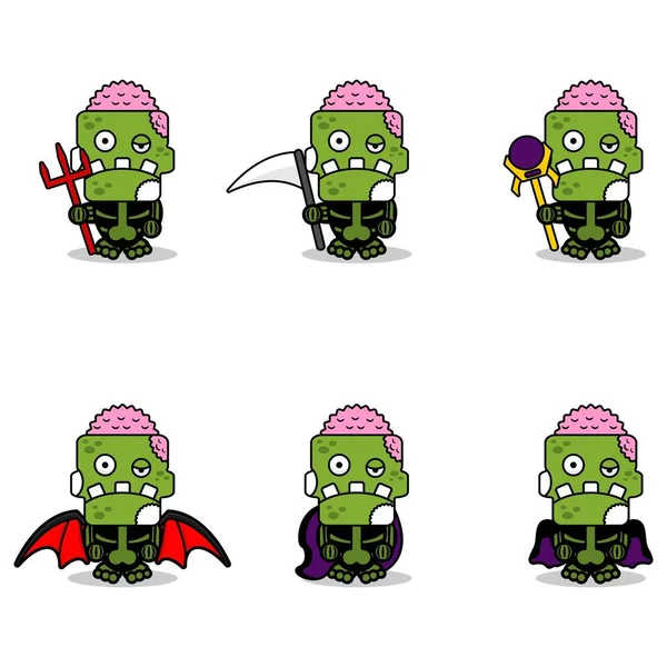Cartoon Vector Mascot Character Halloween Zombie Green Cute Skull Witch — Image vectorielle