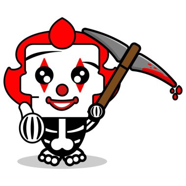 cute Pennywise bone mascot character cartoon vector illustration holding bloody pickaxe