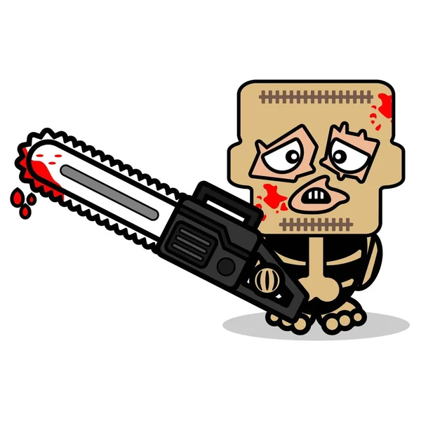 Cute Leatherface Bone Mascot Character Cartoon Vector Illustration Holding Bloody —  Vetores de Stock