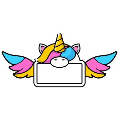 cute unicorn board with wings and rainbow vector illustration design