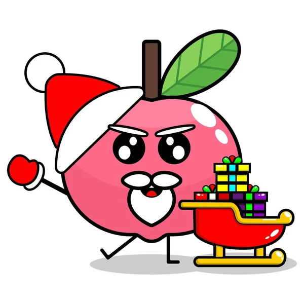 Lindo Navidad Melocotones Fruta Mascota Vector Con Santo Clouse Regalo — Archivo Imágenes Vectoriales