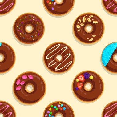 Çizgi film donutlarının kusursuz deseni. Pasta fırınının arka planı. Çörekler sonsuz moda duvar kâğıdı. Baskı kumaşı, tekstil tasarımı ve ambalaj kağıdı şablonu. Düzenlenebilir vektör illüstrasyonu