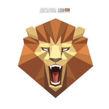 Kızgın Aslan kağıt kafa ikonu ya da maskot, Geometrik üçgen şeklinde logo. Rozet veya amblem tasarımı için çokgen üçgen aslan sırıtışı. İzole vektör illüstrasyonu