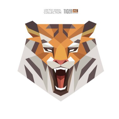 Geometrik kaplan kağıt baş üçgen ikon ya da maskot. Rozet veya amblem tasarımı için çokgen üçgen kaplan sırıtışı. İzole vektör illüstrasyonu