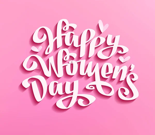 Happy Women Day Vector Papier Gesneden Letteren Kalligrafie Roze Achtergrond — Stockvector