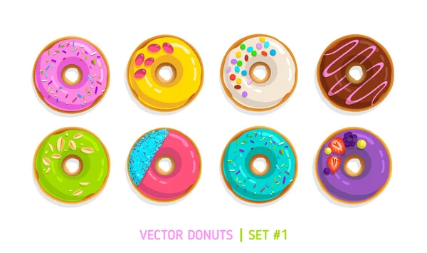 Kleurrijke Vector Donuts Geïsoleerd Witte Achtergrond Cartoon Snoepjes Donuts Pictogrammen — Stockvector