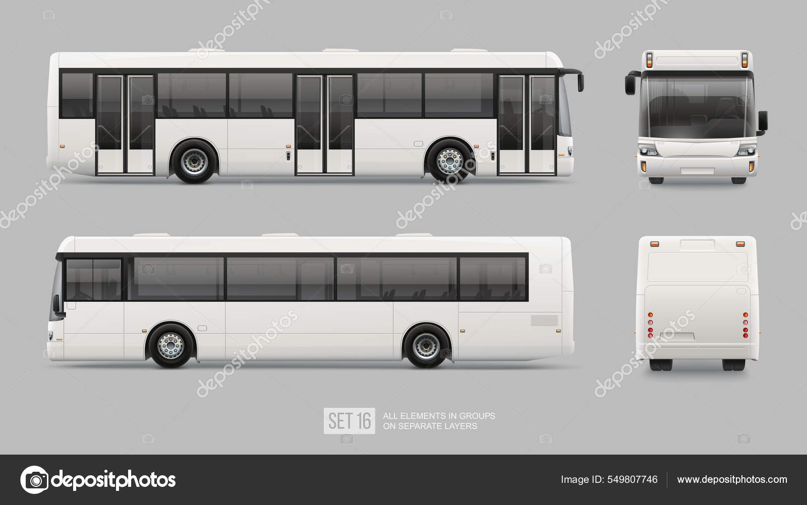 Long City Bus Шаблон Макета Изолирован Сером Фоне Пассажирский.