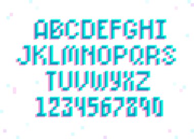 Piksel 8-bit retro tipi yazı tipi ve hatalı biçim vektör şablonu içindeki numaralar. Dijital gelecek holografik piksel yazı tipi. Pikselleştirilmiş alfabe ve rakamlar 80 'ler - 90' lar biçimi beyaz arkaplan üzerinde izole