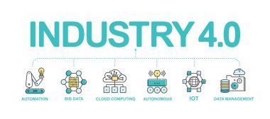 Akıllı fabrika Endüstrisi 4.0 ve endüstriyel IOT düz çizgi ikonu büyük veriler, otomasyon, robot asistanlar, iot. Endüstriyel devrim bilgi tasarımı. Vektör illüstrasyonu