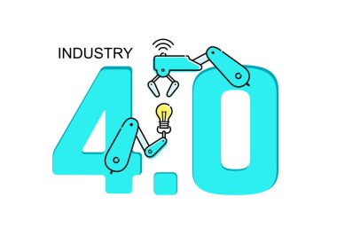 Fabrika Endüstrisi 4.0 Endüstriyel Robot Devrimi. Robot elli düz çizgi bilgi tasarımı. Özerk akıllı fabrika. Vektör minimalist robot bilimi, beyaz arkaplanda izole edilmiş modern pankart