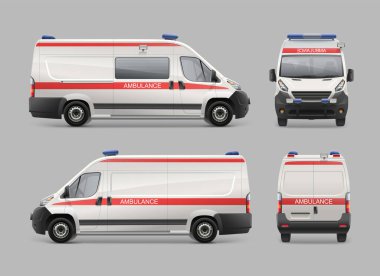Gerçekçi ambulans servisi Van 'ın şablonu Grey' de izole edildi. Acil tıbbi minibüs. Hastane servis arabası beyaz renk ve kırmızı çizgili vektör şablonu