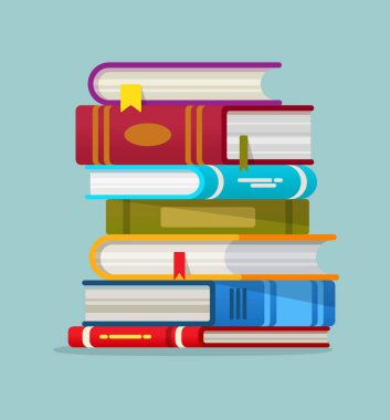 Renkli kitap yığınları vektör illüstrasyonu. Ders kitaplarına sıkıştı