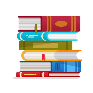 Yığınla kitap izole edilmiş düz vektör çizimi. Akademik ve okul bilgisi, eğitim ve mezuniyet. Okuma, ansiklopedi. Kitap şablonu Dükkan reklamı