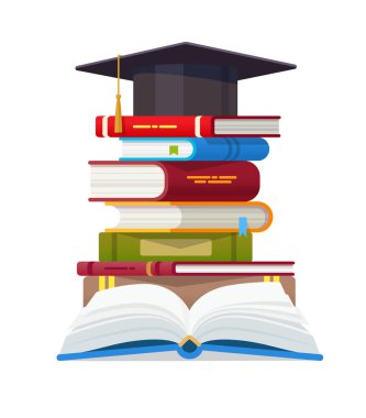 Mezuniyet şapkası ve izole edilmiş bir yığın kitap içeren açık bir kitap. Akademik ve okul bilgisi, eğitim ve mezuniyet. Okuma, ansiklopedi. Kitap şablonu Dükkan reklamı