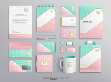 Vector Business kırtasiyesi öğeleri kurumsal marka kimlik tasarımı ile modelleme seti. Patel pembe soyut grafikler. İş kırtasiyesi modeli. Ofis malzemeleri, alışveriş çantası, beyaz kupa, kapak kitabı.