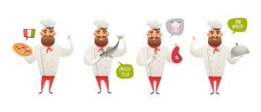 Çizgi film şefi karakteri elinde pizza, taze balık, biftek eti ve yemek tutuyor. Dekorasyon menüsü ya da restoran için komik Cook Chef ya da Baker Karakter Şablonları. Beyazdan izole vektör