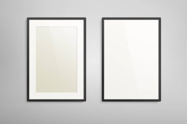 Poster için dikey çerçeve veya duvardaki resim boş model şablonu. Düzenlenebilir vektör oluşturucu. Fotoğraf sunumu için siyah ve beyaz dikey çerçeve, modern sanat